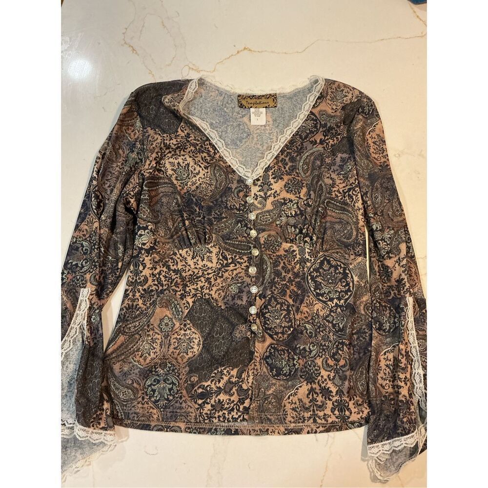 Temptations Vintage Y2K Mesh Babydoll Top Sz L Bell Sleeve